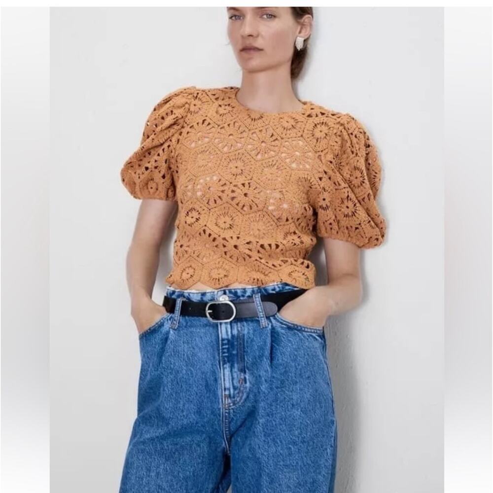 Zara crochet knit top puffy sleeves burnt orange/brown color Womens size small - Picture 7 of 7